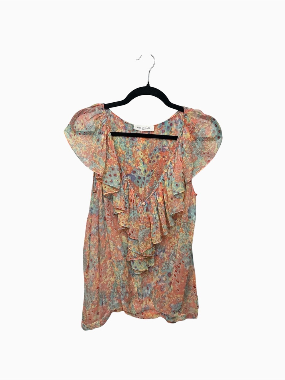 MEGAN PARK Multicolor Silk Ruffled V-Neck Cap Sleeve Top